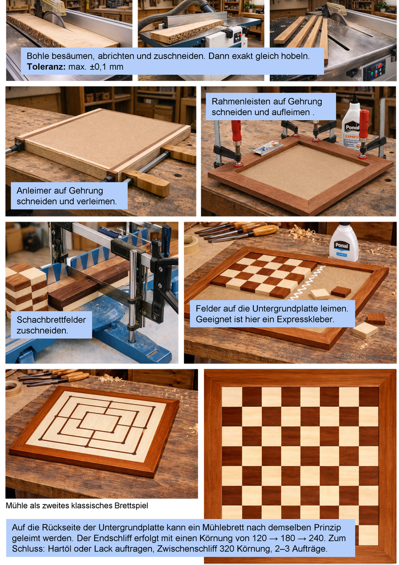 Arbeitsschritte zum Bau eines Schach- und Mühle-Wendebretts